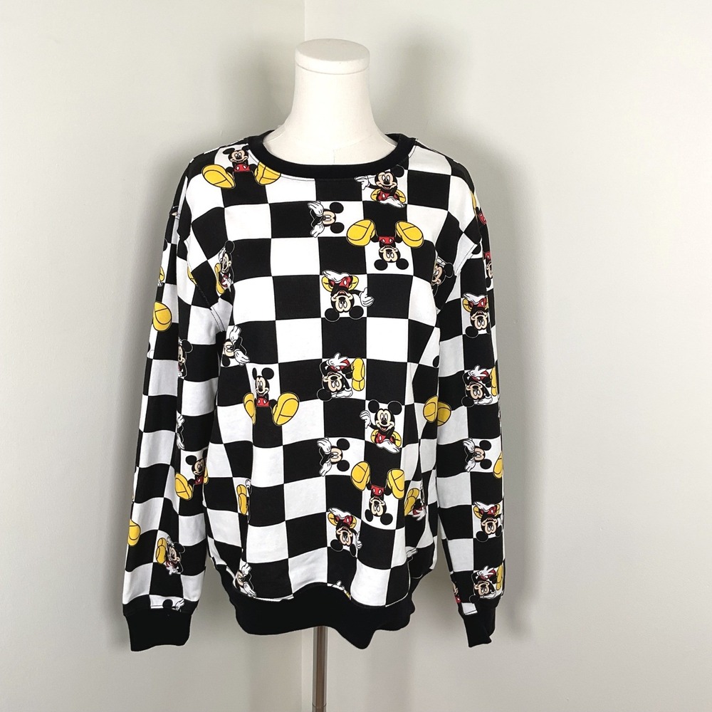 Disney‎ Juniors' Mickey Mouse Checkered Graphic Sweatshirt Black White Size LG